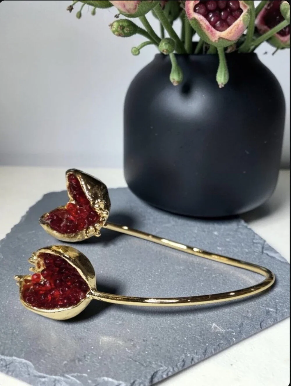 Fab 18k Gold Plated Artisan Genuine Garnet Pomegranate Bypass Bangle Bracelet